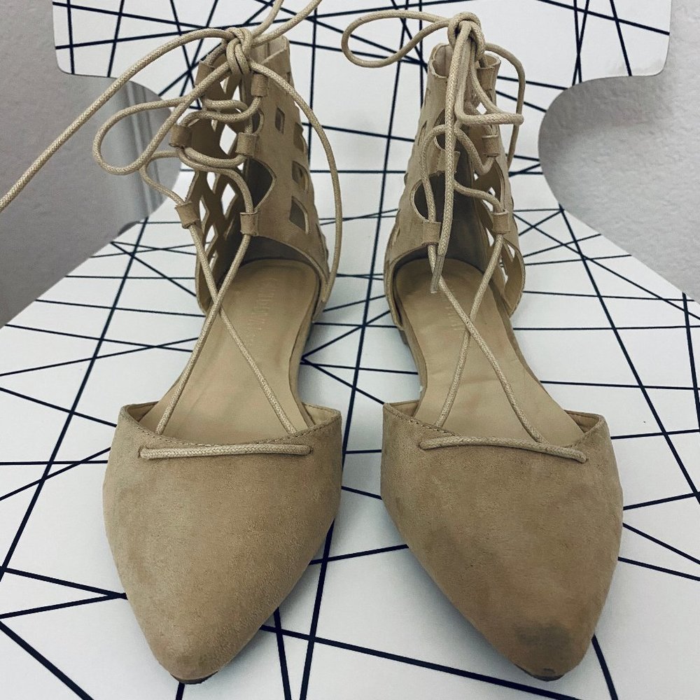 🌸 Faux Suede Pointy d'Orsay Lace Up Cut Out Flat